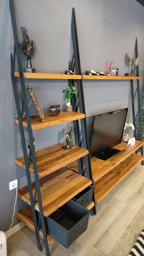 wooden lounge set and shelves