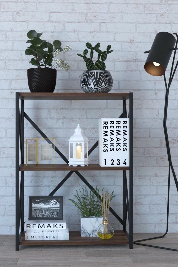 Remaks Metal Bookcase with 3 Shelves - Walnut