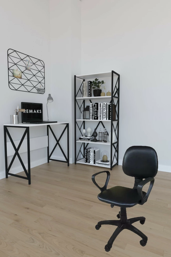 Remaks Bella Desk - White, 5 Shelves, Metal Bookcase-White, Study Chair with Arms - Black